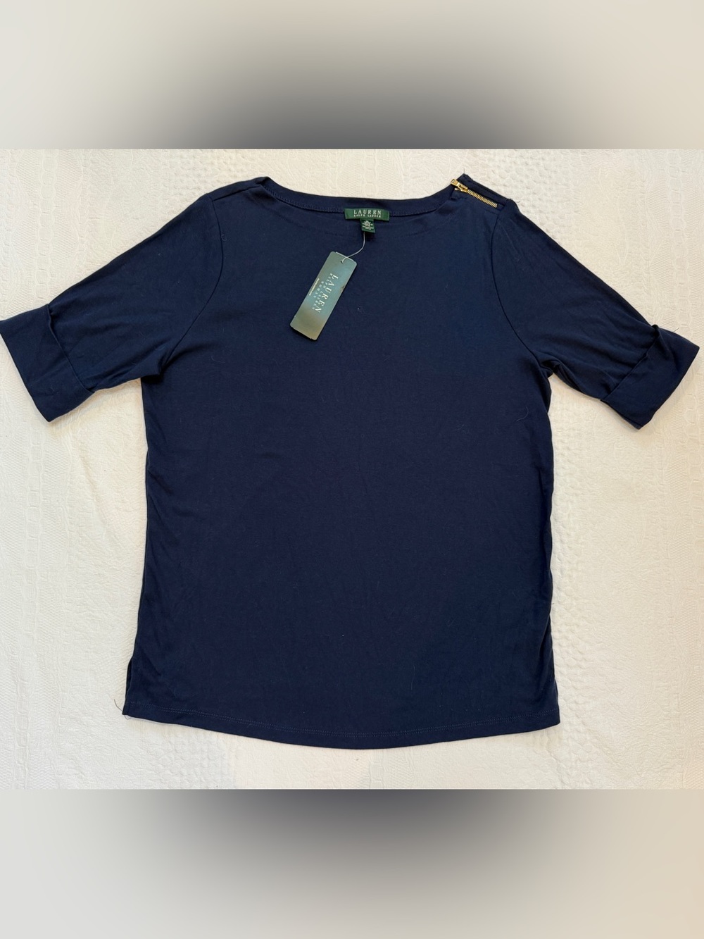 Ralph Lauren Women's 1X Navy Blue Zipper Shoulder Short Sleeved Cuff Shirt NWT